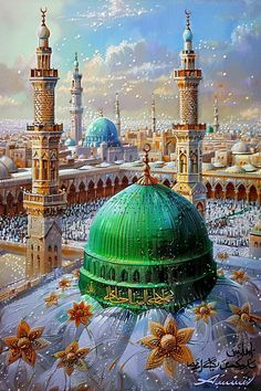 an artistic painting of a green dome in the middle of a city with many stars around it