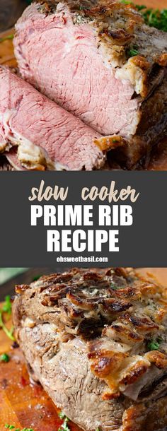 slow cooker prime rib recipe on a cutting board