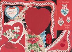 valentine's day greeting cards with hearts and flowers on them, all in red