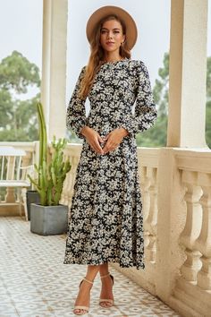 Round Neck long Sleeve Elegant Floral Maxi Dress - Cherieday Long Sleeve Black Maxi Dress, Long Sleeve Floral Maxi Dress, Floral Lace Maxi Dress, Fran Fine, Latest Fashion Dresses, Polka Dot Maxi Dresses, Maxi Dress Sale, Midi Dress Casual, Ruffled Maxi Dress