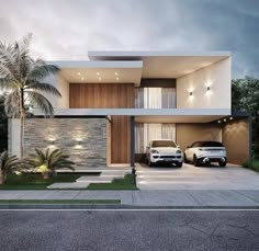 two cars are parked in front of a modern house with palm trees on the side