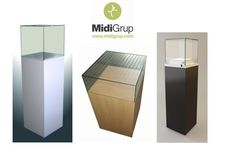 three different types of pedestals with glass tops and wood panels on the sides, including one for water dispenser