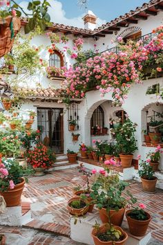 many potted plants and flowers in front of a house