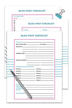 two sheets of paper with the words blog post checklist written in blue and pink