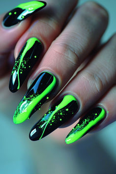 Neon Green Accents: Nail Designs For A Green Dress Black Light Nail Designs, Black Green Nail Designs, Black Neon Nails, Black And Green Nails Designs, Bright Green Nails Designs, Black And Neon Green Nails, Neon Green Nail Art, Rave Nails Designs, Neon Green Nail Designs