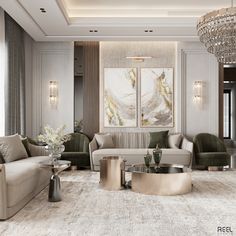 a living room filled with furniture and a chandelier