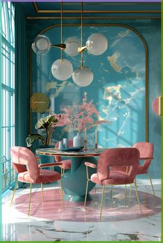 a dining room with blue walls, pink chairs and a round table in the middle