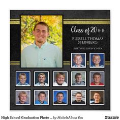 the graduation announcement is shown in black with gold trimmings and an image of a man