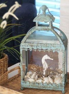 a seahorse in a glass lantern on a table