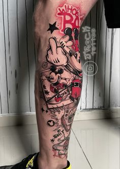 Mickey Mouse tattoo Mickey Mouse Tattoo Design, Middle Finger Tattoo, Middle Finger Tattoos, Mickey Mouse Tattoo, Mickey Tattoo, Fingers Design, Cartoon Tattoos