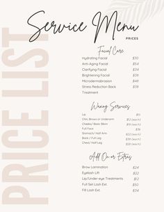 the service menu for an event