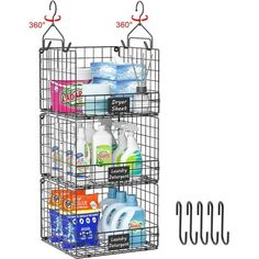 three tiered metal storage rack with bottles and toiletries on it's sides