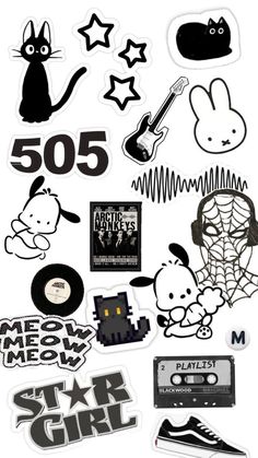 Black Aesthetic Collage, Phone Cover Stickers, Images Hello Kitty, Scrapbook Printing, Collage Phone Case, Scrapbook Stickers Printable, Black Stickers, Easy Doodles Drawings, Phone Stickers