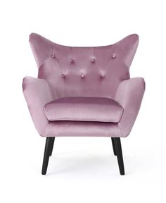 an upholstered purple chair with black legs and buttons on the armrests