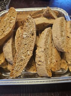 several slices of bread in a metal tray