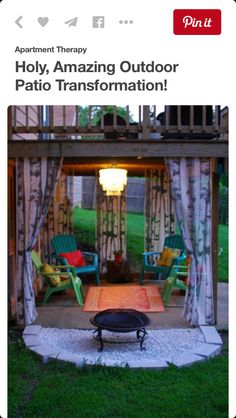 an outdoor living area with chairs and a fire pit