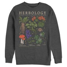 a sweatshirt with the words herboloy on it and an image of mushrooms, flowers, and leaves