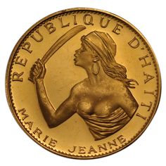 a gold coin with the image of a woman holding a baseball bat in her hand