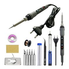 an assortment of tools including drill, screwdriver, and other items on a white background