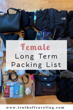 the contents of a long term packing list laid out on top of a wooden floor