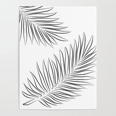 two black and white palm leaves on a white sheet of paper, one is drawn with ink