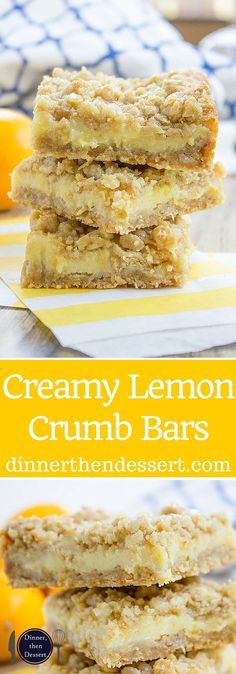 three lemon crumb bars stacked on top of each other with the words, creamy lemon crumb bars