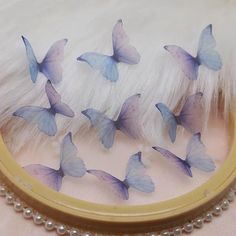 a group of blue butterflies sitting on top of a white fur covered floor next to a mirror