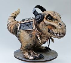 a toy dinosaur with headphones on it's ears and neck, standing on a metal plate