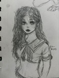 a pencil drawing of a girl with long hair and an eye patch on her shirt