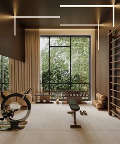 an exercise room with large windows overlooking the trees