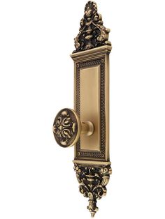 an ornately designed brass door handle with a decorative design on the front and side