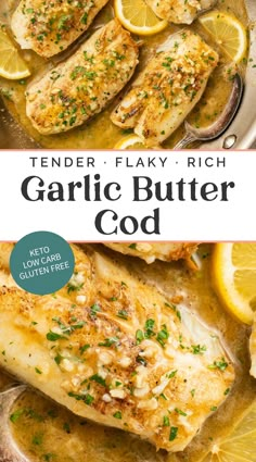 the cover of tender, flaky, rich garlic butter cookbook with lemons and