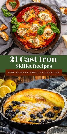 two cast iron skillets with text overlay that reads, 21 cast iron skillet recipes