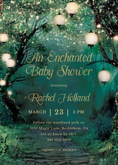 an enchanted baby shower is shown with lanterns hanging from the trees and lights