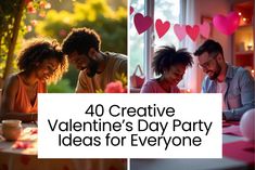 four people sitting at a table with valentine's day party decorations on it and the words 40 creative valentine's day party ideas for everyone