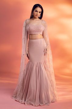 Shop for these amazing collections of Pink Net Embellished Glass Beads Cape With Fish Cut Skirt Set For Women by Kiyohra online at Aza Fashions. Dress From Net Saree, Fishtail Saree, Fishtail Dress Pattern, Fishtail Lehenga, Fish Cut Skirt, Net Gown Designs, Fish Cut Gown, Net Outfit, Skirt And Blouse Styles