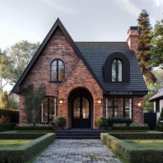 a brick house with black trim and arched windows is shown in the front yard, surrounded by hedges