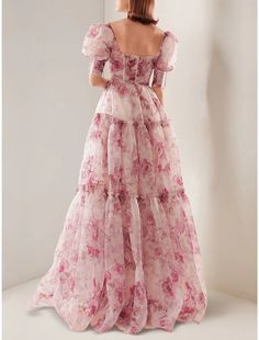 A-Line Evening Gown Corsets Dress Wedding Reception Floor Length Short Sleeve Scoop Neck Royal Style Organza with Floral Print Corsets Dress, Incredible Dresses, Style Royal, Estilo Real, Wedding Dresses Corset, Evening Dresses Cocktail, Royal Style, Handmade Dresses, Wedding Bridesmaid Dresses