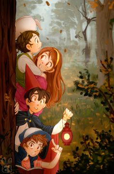 three children are standing in the woods with their arms around each other as they look at an object