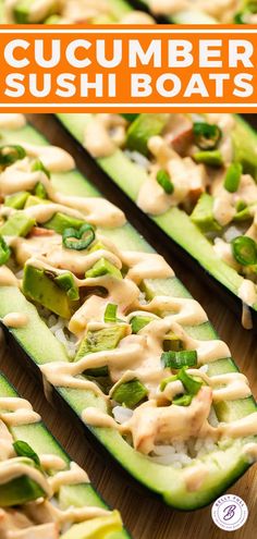 cucumber sushi boats on a wooden table with the title overlay reading cucumber sushi boats