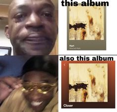 the man is smiling and holding his glasses in front of him, next to an album cover with rust on it