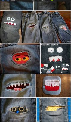 several pictures of different types of jeans with mouths and teeth on them, all in different colors