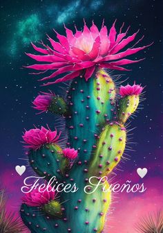 a painting of a cactus with pink flowers