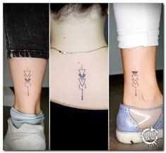 three different tattoos on the back of women's legs, one with an arrow