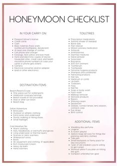 a pink and white checklist with the words honeymoon checklist