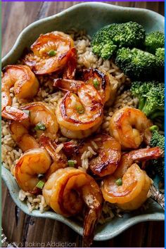 shrimp and rice with broccoli in a bowl