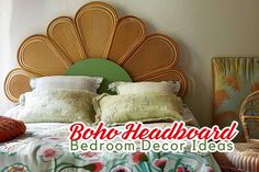 a bed with white and green pillows on it next to a wicker headboard