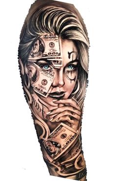 a woman's face covered in money with blue eyes and tattoos on her arm