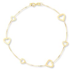 Large and small heart outlines dance between box chains in this pretty bracelet for her. The 7.5-inch bracelet is crafted of 14K yellow gold, and secures with a spring ring clasp. Yellow Gold Adjustable Chain Bracelet For Valentine's Day, Valentine's Day Yellow Gold Adjustable Chain Bracelet, Tarnish Resistant Yellow Gold Bracelet For Valentine's Day, Valentine's Day Yellow Gold Tarnish-resistant Bracelet, Valentine's Day Yellow Gold Jubilee Chain Bracelet, Valentine's Day Yellow Gold Jubilee Bracelet, Dainty Yellow Gold Chain Bracelet For Valentine's Day, 14k Yellow Gold Bracelet For Valentine's Day, Valentine's Day 14k Yellow Gold Bracelet