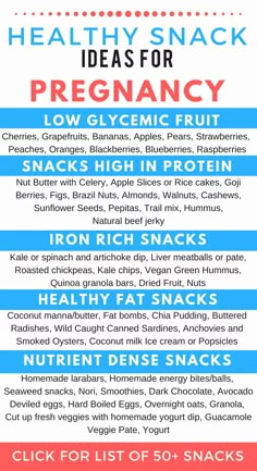 the health snack info sheet for pregancy, including low glycemic fruit